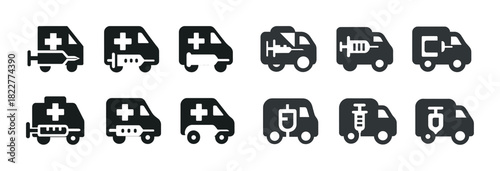 Set of ambulance icons featuring medical equipment and vehicles in various designs