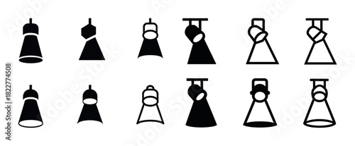Set of twelve black and white minimalist hanging lamp icons