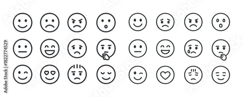 Set of 24 different emoji faces displaying various emotions and expressions