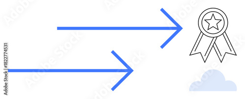 Blue arrows directing toward a star-medal and cloud symbolize goal achievement, progress, success paths, productivity. Ideal for business, education, motivation, innovation, leadership creativity