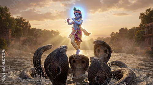 Lord krishna playing flute on the head of the multiheaded serpent kaliya in a river at sunset