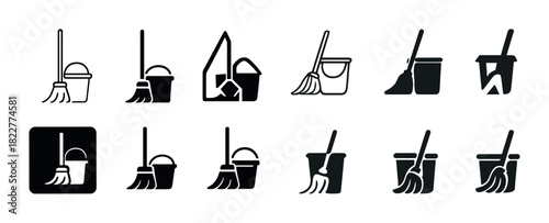 Set of black and white cleaning icons featuring mops and buckets