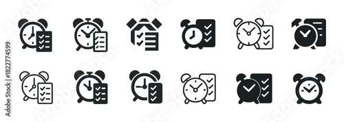 Set of alarm clock and checklist icons in black and white