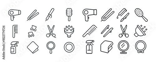 Outline icons of hair styling tools: dryer, straightener, scissors, mirror, comb