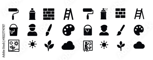 Painting and art icon set featuring tools, brushes, and nature elements