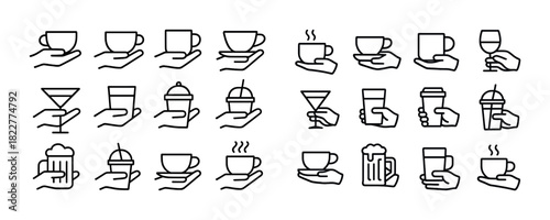 Set of hand-drawn beverage icons: cups, glasses, and mugs in varied styles