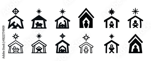 Black and white nativity icons collection with various creche designs and figures