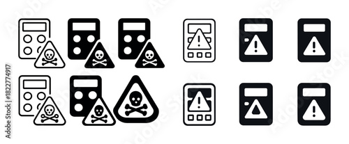 Calculator hazard warning icons: skull and exclamation symbols in black and white