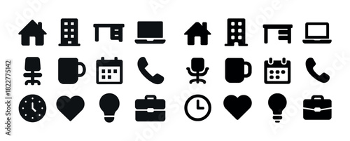 Set of office and home icon silhouettes including furniture and electronics