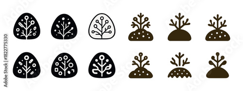 Set of stylized plant icons in black and brown on white background