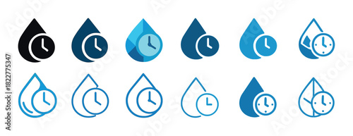 Water drop clock icons in various blue and black designs