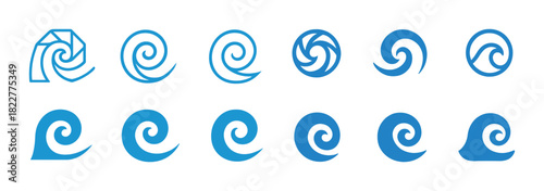 Set of spiral wave icons in various styles and designs