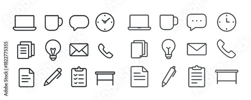 Minimalist office icon set featuring laptops coffee cups and clocks