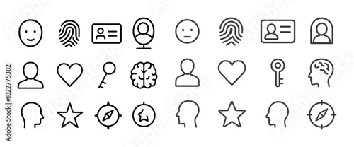 Minimalistic icon set featuring faces, hearts, keys, and compasses