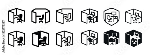 Isometric icons of office workstations with chairs and desks