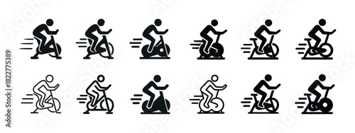 Set of black fitness icons: cycling and running figures in motion