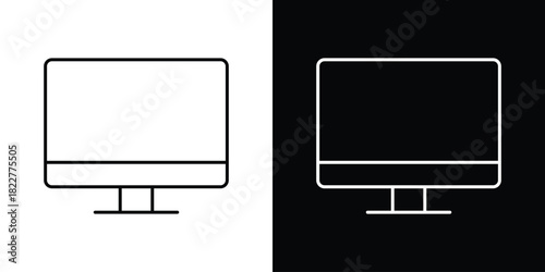 Monitor icon outline set in black and white. thin line style.