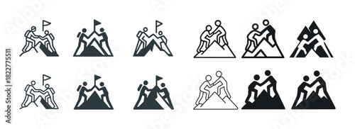 Teamwork icons: climbing challenges and group success symbols