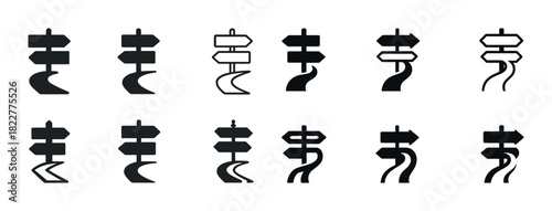 Set of simple black vector road sign icons with arrows in various designs