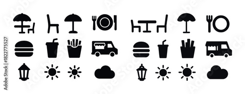 Silhouette icons of outdoor dining tables, food trucks, and weather elements