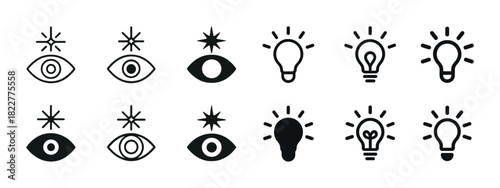 Eye and light bulb icon set: creative concept symbols in black and white
