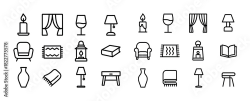 Home decor icon set featuring candles curtains lamps and furniture