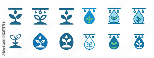 Collection of hydroponic plant growth icons in blue and green