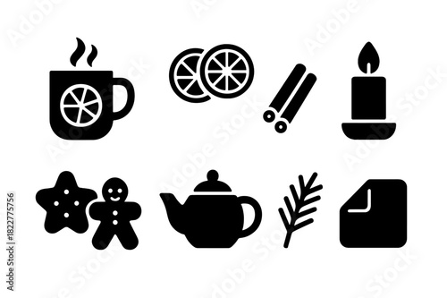 Cozy Winter Icons. Cozy winter table. Filled icon set of cozy winter table: mulled wine mug, orange slices,