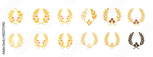 Collection of gold and brown laurel wreaths with abstract designs