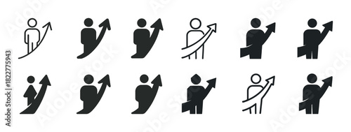 Black and white stick figures with upward arrows symbolizing progress and success