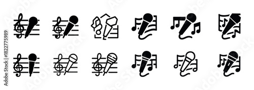 Music icon set featuring microphones and treble clefs in various styles