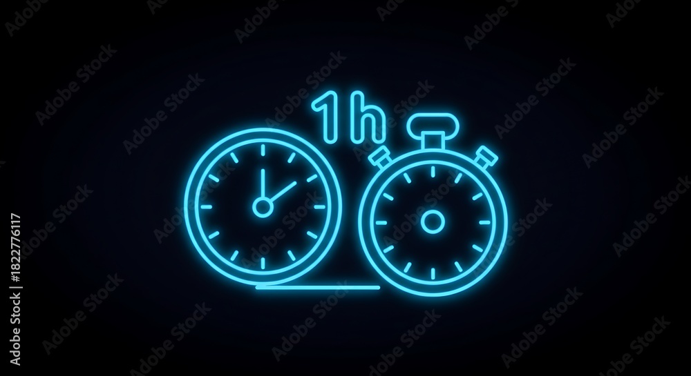 Fototapeta premium Glowing neon timekeeping icon displaying clock and stopwatch with the duration 