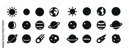Solar system vector icons: planets, moon, asteroids, comets, sun