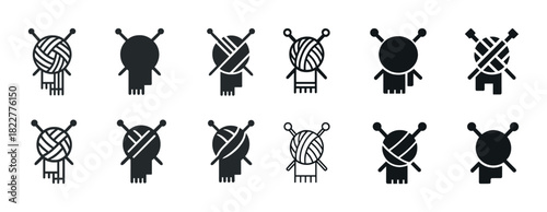 Creative yarn ball icons with knitting pins and scarves