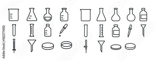 Outline icons of laboratory glassware and equipment for scientific research