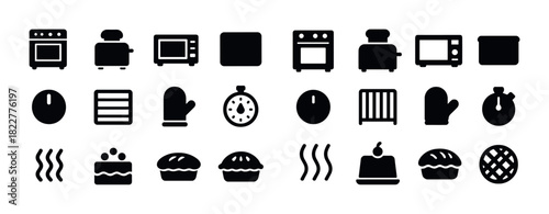 Kitchen appliances and baking icons: oven, microwave, timer, cake, pie, gloves