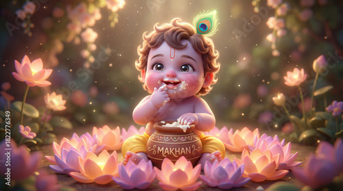 Sweet baby krishna with a peacock feather, joyfully eating butter surrounded by glowing lotus blossoms