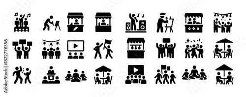 Diverse community activities pictograms: music, art, food, outdoor events, social gatherings
