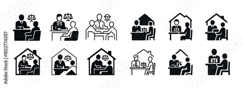Lawyer consultation icons set: legal advice, office meetings, scale of justice symbols