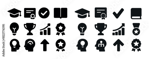 Education and achievement icons: caps, certificates, trophies, books, graphs