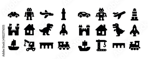 Collection of silhouette icons: transportation, architecture, robots, dinosaurs