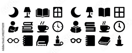Collection of reading and relaxation icons: books, lamp, tea, window, clock
