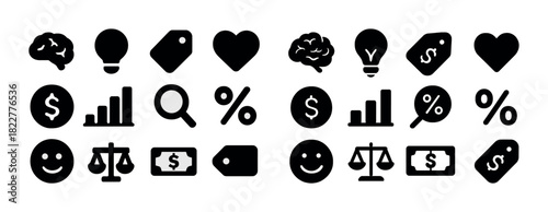Set of black business and finance icons including money, brain, light bulb, scale, tag, heart, dollar sign