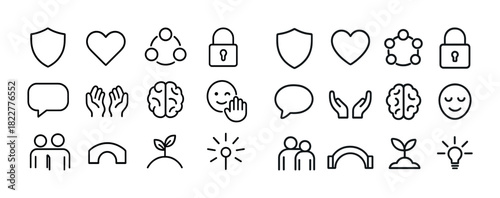 Set of minimalist icons featuring hearts, locks, people, and nature elements