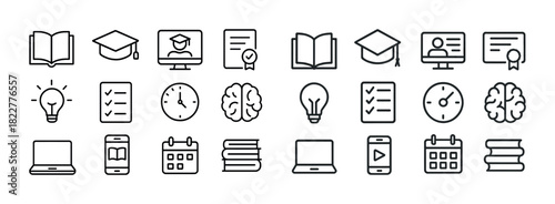 Education icons set: graduation, books, brain, online learning, certificates