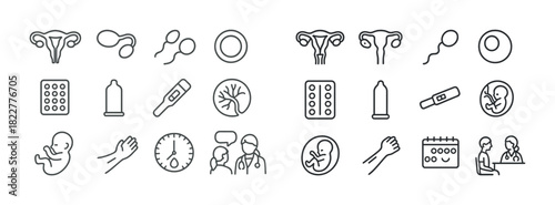 Fertility and reproductive health line icons: pregnancy, contraception, medical consultation