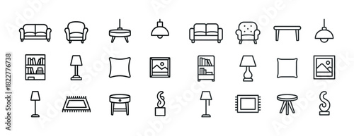 Minimalist furniture and decor icons set: sofa, lamp, table, bookshelf, pillow, rug, art
