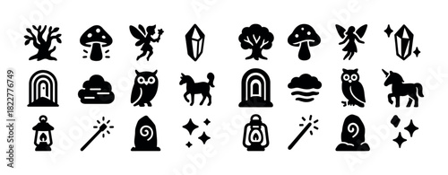 Whimsical forest icons collection: fairies, unicorns, and magical symbols