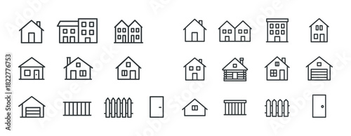 Minimalist house icon set featuring various building styles