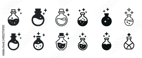 Collection of magical potion bottle icons with sparkles